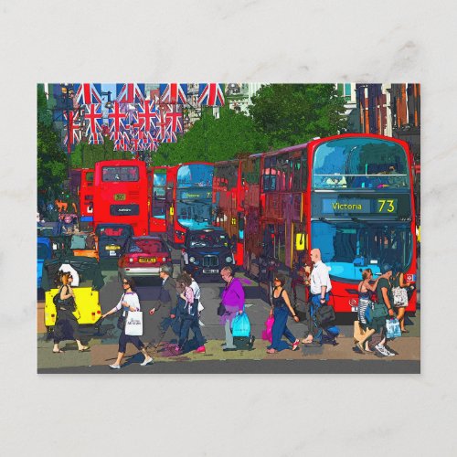 A busy Oxford Street shoppers red buses London UK Postcard