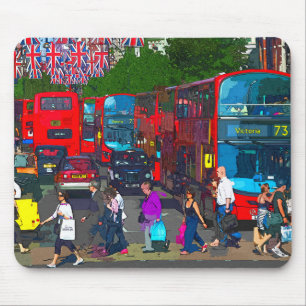 A busy Oxford Street with shoppers and red buses.  Mouse Pad