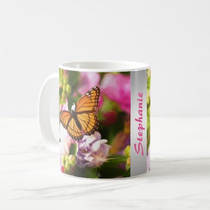 A Butterfly on Pink &amp; Purple Flowers Coffee Mug