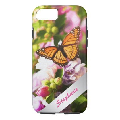 A Butterfly on Pink &amp; Purple Flowers iPhone 8/7 Case