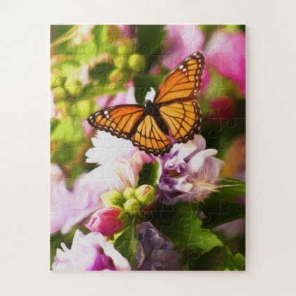 A Butterfly on Pink &amp; Purple Flowers Jigsaw Puzzle