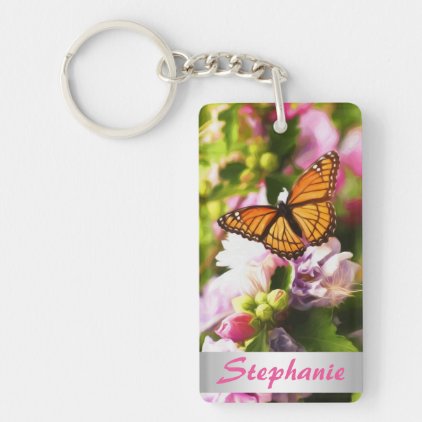 A Butterfly on Pink &amp; Purple Flowers Keychain
