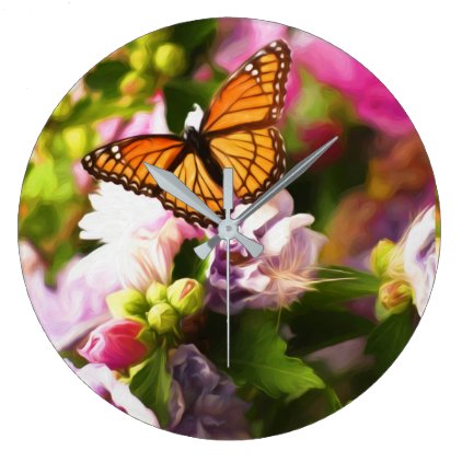 A Butterfly on Pink &amp; Purple Flowers Large Clock