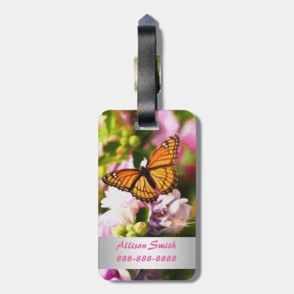A Butterfly on Pink &amp; Purple Flowers Luggage Tag