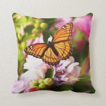 A Butterfly on Pink &amp; Purple Flowers Throw Pillow