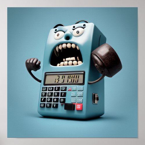 a calculator screaming at an alarm clock and holdi poster