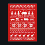 A California Christmas - Love Joy Peace Sunshine Holiday Postcard<br><div class="desc">This fun red and white pattern Christmas postcard features the California state bear, pine trees, a dog riding a skateboard and cars with a Christmas tree and a surfboard. A California Christmas, love, joy, peace, sunshine. Visit Jenn's Doodle World for even more original California themed holiday products and unique Xmas...</div>