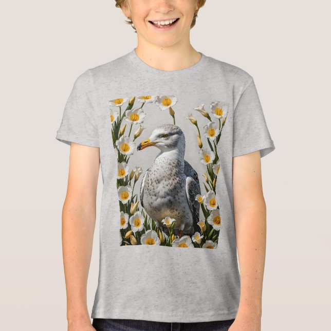 A California Gull And Sego Lily Flowers Tri-Blend Shirt (Front)