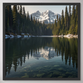 A calm lake surrounded by dense pine forests framed art
