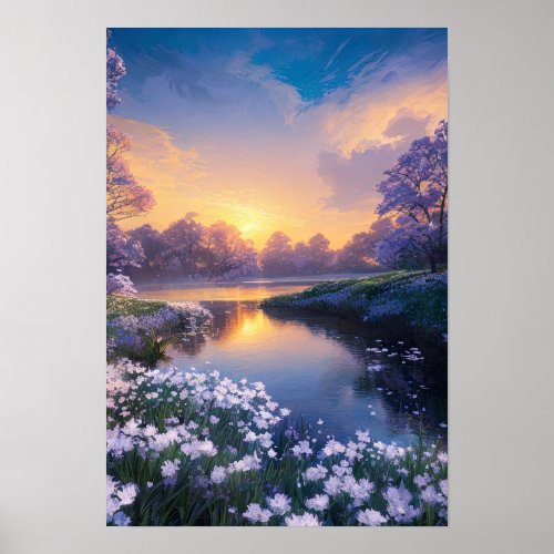 A Calm River in a Bed of White Flowers Poster