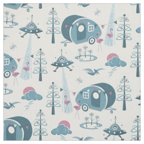 A Campsite Invasion Muted BluePink Fabric