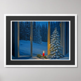 A candle and pine trees outside glass window art framed art