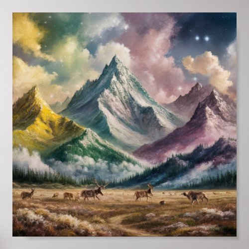 A captivating mountainscape painting evoking  poster