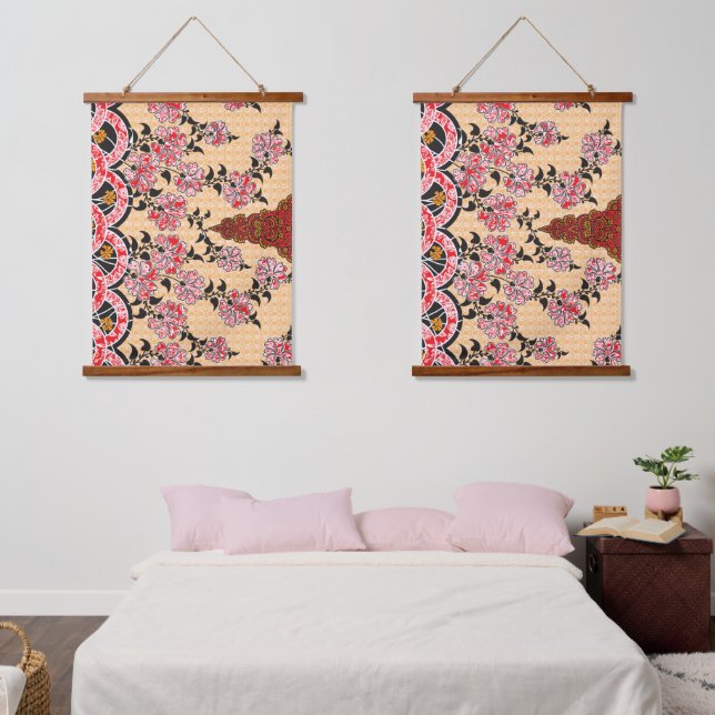A captivating oriental pattern adorned with red fl hanging tapestry (Bedroom)