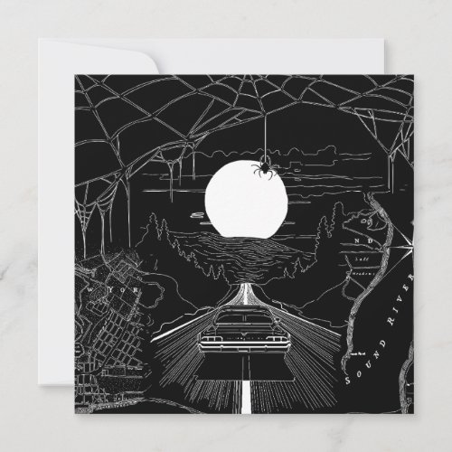 A car driving through the forest and mountains invitation