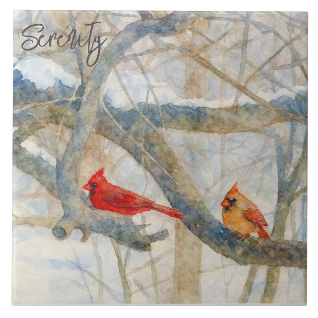 A Cardinal Couple Perched in the Snow Ceramic Tile (Front)