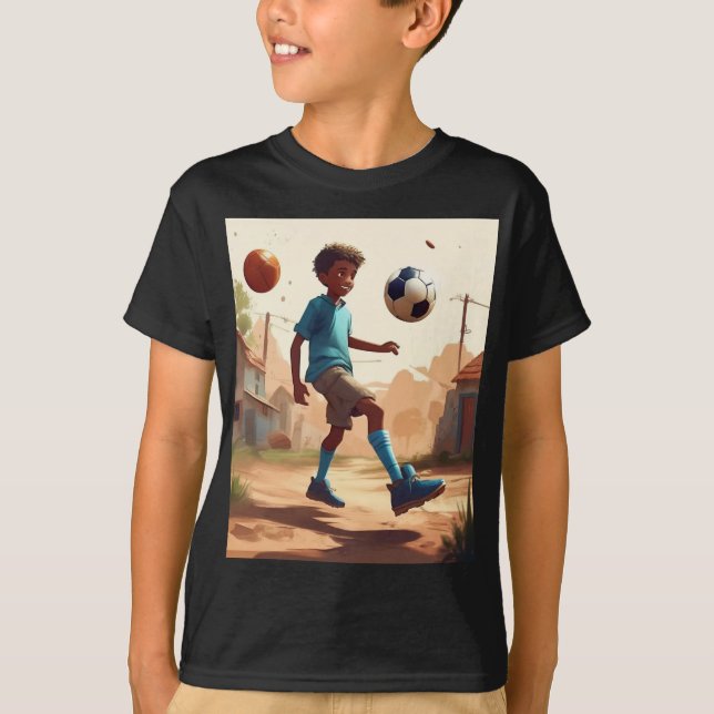 A cartoon boy playing football design kid T Shirt. T-Shirt (Front)