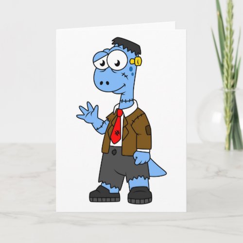 A Cartoon Brontosaur Dressed Up As Frankenstein Card