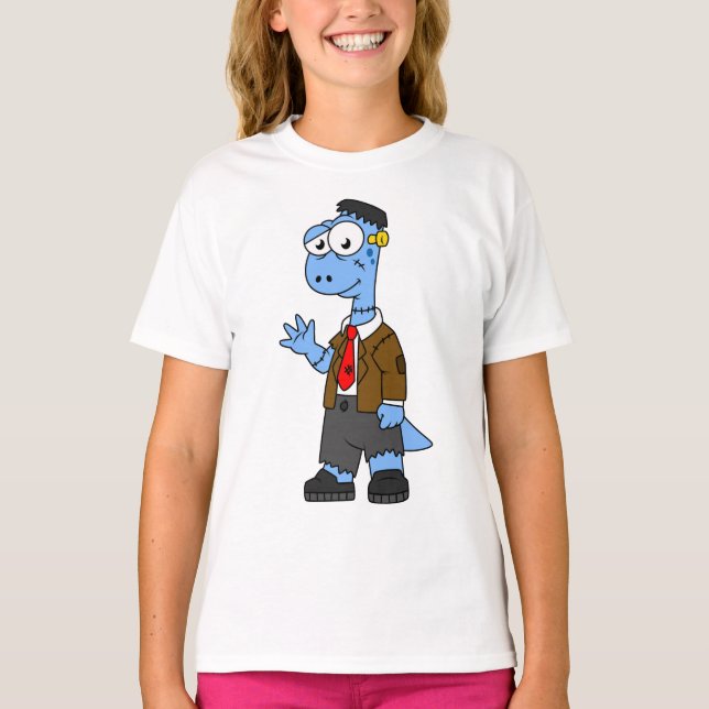 A Cartoon Brontosaur Dressed Up As Frankenstein. T-Shirt (Front)