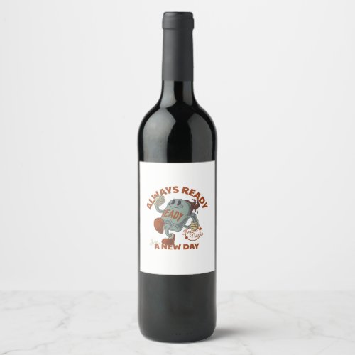 a cartoon character with a smile on his face and t wine label