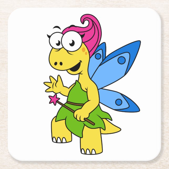 A Cartoon Fairysaur Dinosaur. Square Paper Coaster (Front)