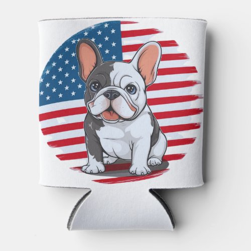 A cartoon French bulldog with American flag1 Can Cooler