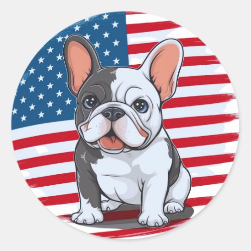 A cartoon French bulldog with American flag1 Classic Round Sticker