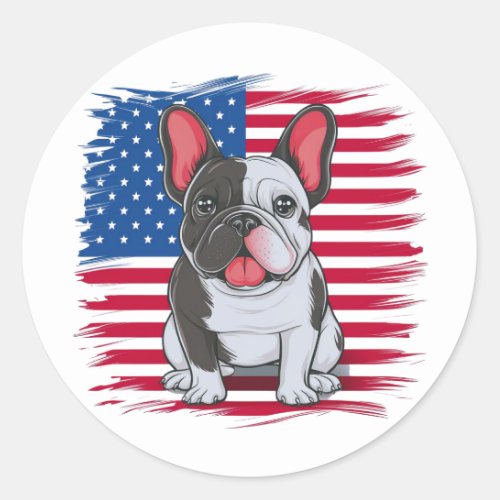A cartoon French bulldog with American flag2 Classic Round Sticker