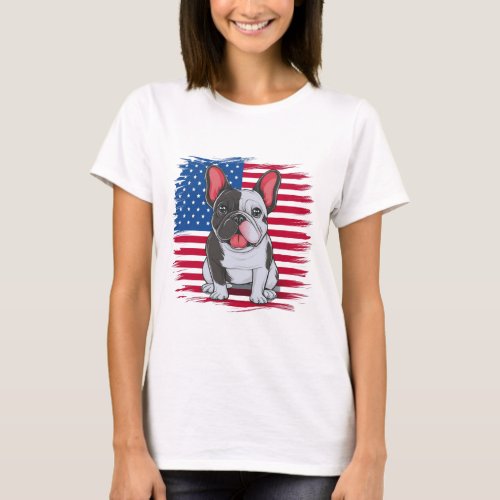 A cartoon French bulldog with American flag2 T_Shirt