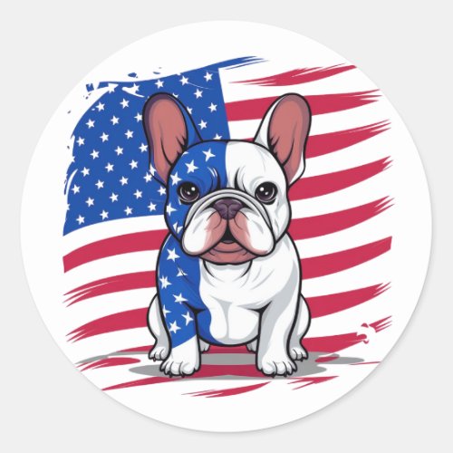 A cartoon French bulldog with American flag Classic Round Sticker