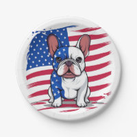 A cartoon French bulldog with American flag