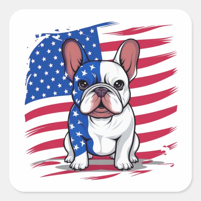 A cartoon French bulldog with American flag Square Sticker (Front)