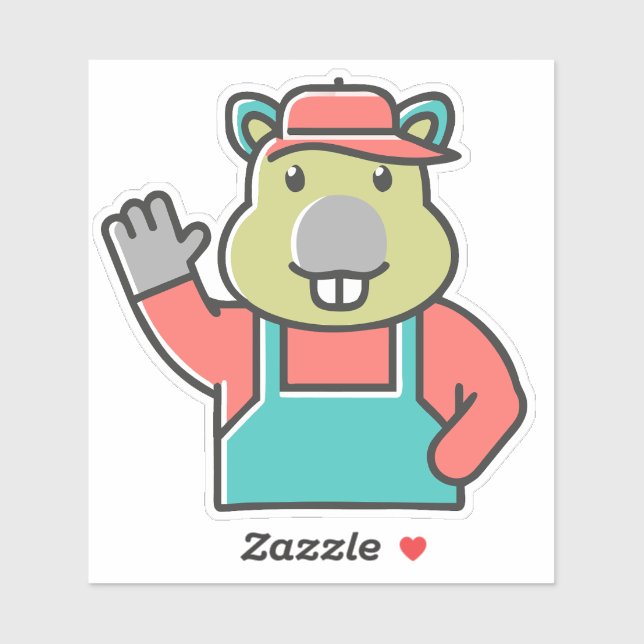 A Cartoon Funny Red Beaver Waves Left Hand. Sticker (Sheet)