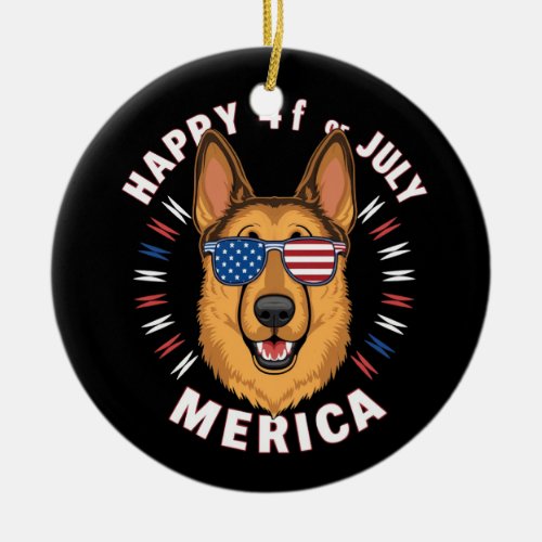 A cartoon German Shepherd in American flag2 Ceramic Ornament