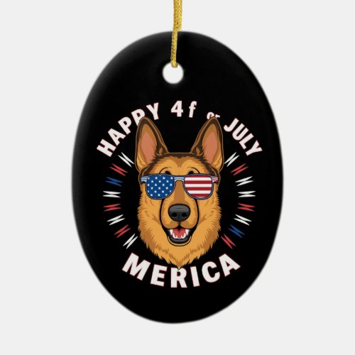 A cartoon German Shepherd in American flag2 Ceramic Ornament