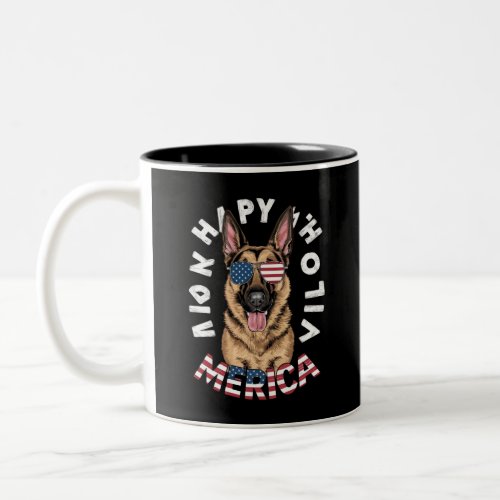 A cartoon German Shepherd in American flag colors  Two_Tone Coffee Mug