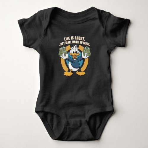  A cartoon happy character duck holding bundles3 Baby Bodysuit