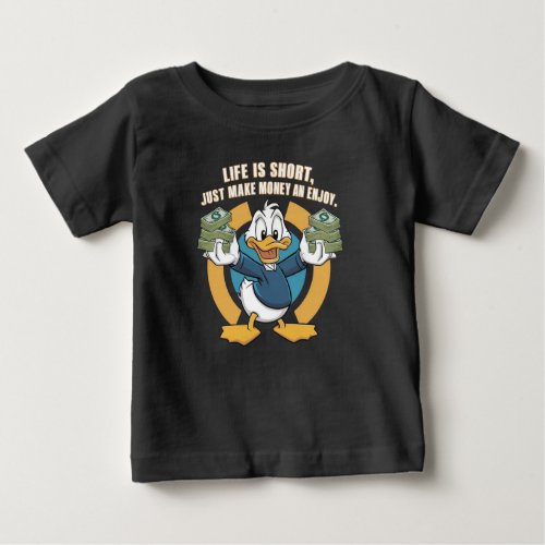  A cartoon happy character duck holding bundles3 Baby T_Shirt