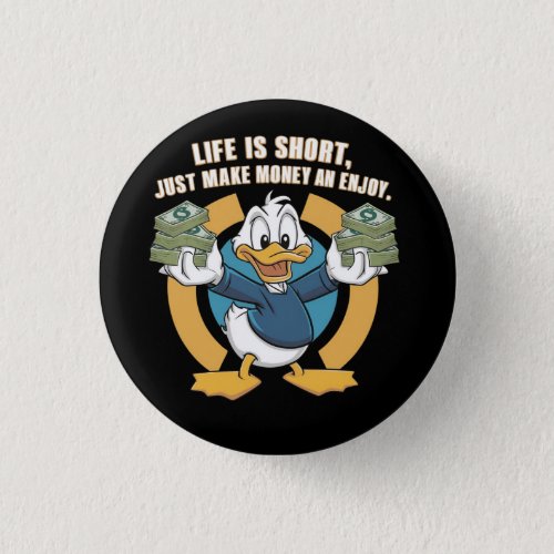  A cartoon happy character duck holding bundles3 Button