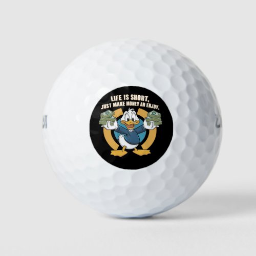  A cartoon happy character duck holding bundles3 Golf Balls