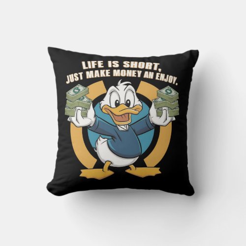  A cartoon happy character duck holding bundles3 Throw Pillow