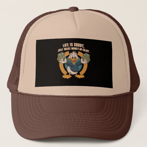  A cartoon happy character duck holding bundles3 Trucker Hat