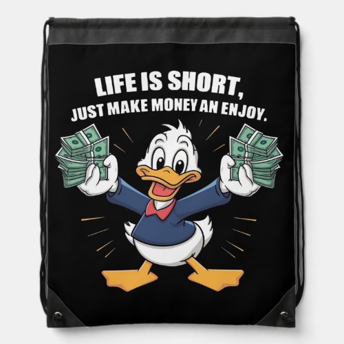  A cartoon happy character duck holding bundles Drawstring Bag