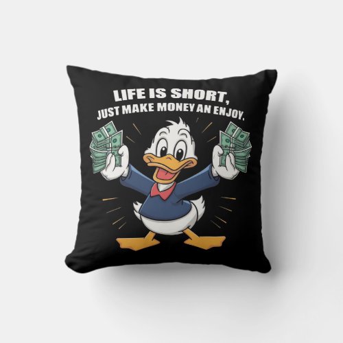  A cartoon happy character duck holding bundles Throw Pillow