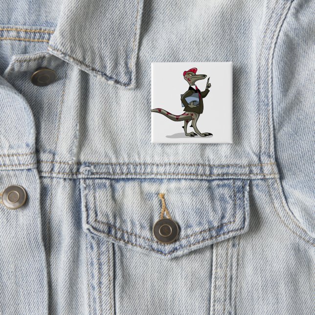 A Cartoon Iguanodon Clerk. Button (In Situ)