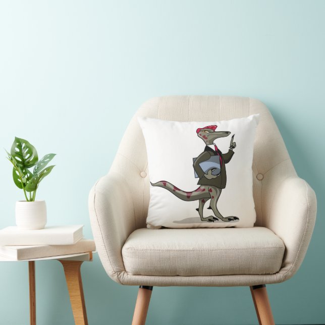 A Cartoon Iguanodon Clerk. Throw Pillow (Chair)
