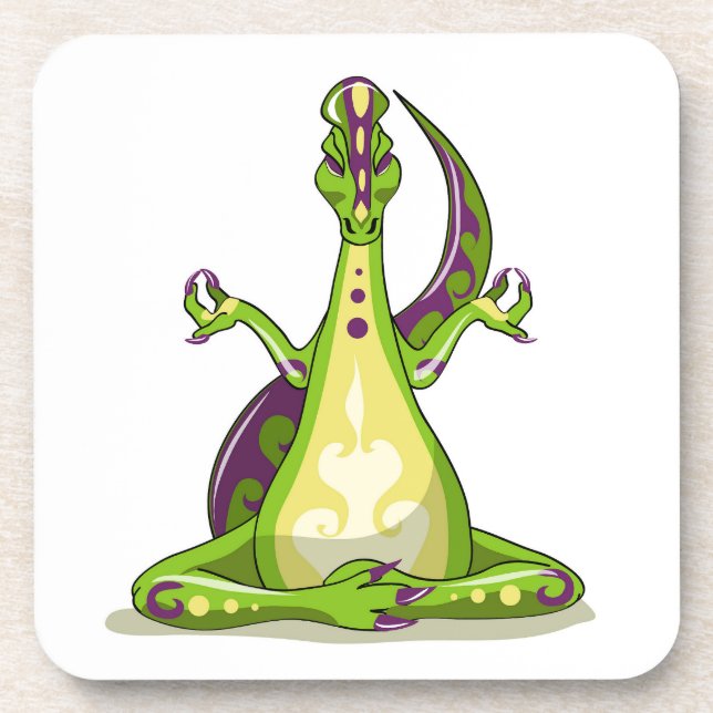 A Cartoon Iguanodon Dinosaur Doing Yoga. Beverage Coaster (Front)