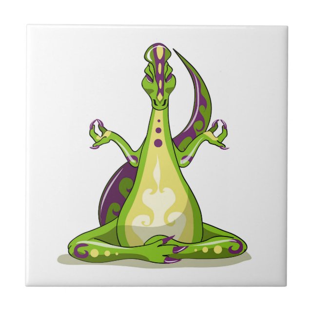 A Cartoon Iguanodon Dinosaur Doing Yoga. Ceramic Tile (Front)