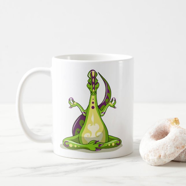A Cartoon Iguanodon Dinosaur Doing Yoga. Coffee Mug (With Donut)