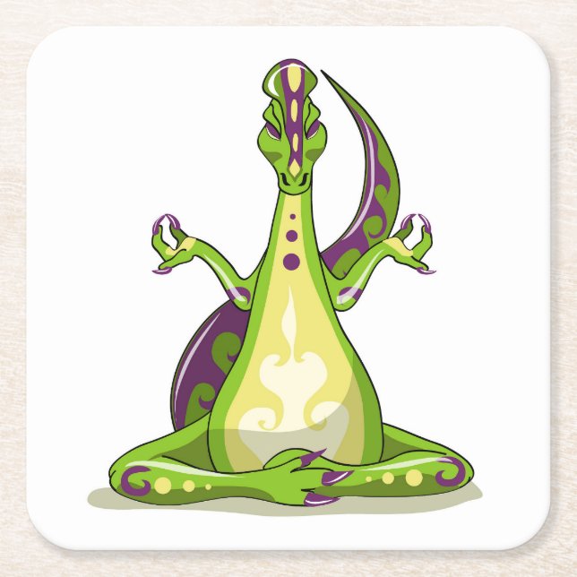 A Cartoon Iguanodon Dinosaur Doing Yoga. Square Paper Coaster (Front)